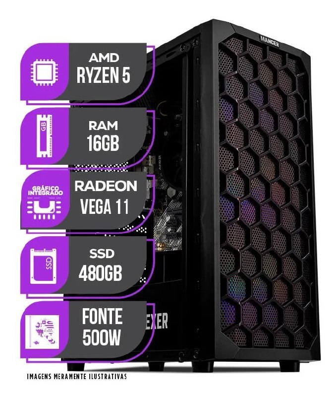 PC Gamer Mancer | AMD Ryzen 5 3400G com Gráficos RX Vega | 16GB DDR4 | SSD 480GB